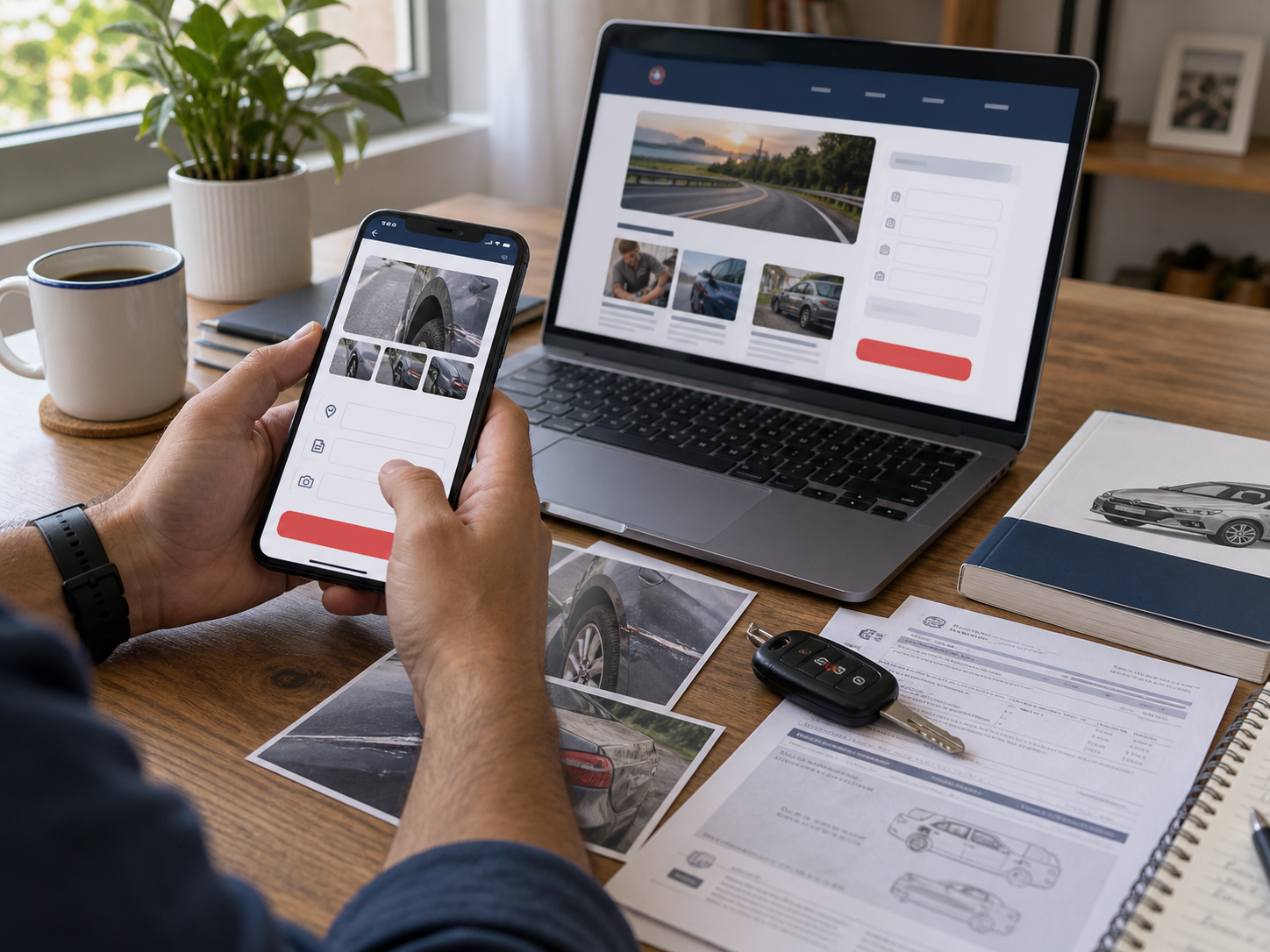 Consumidor envia pelo celular fotos e informações de um problema automotivo enquanto consulta a comunidade da Anvemca no computador.